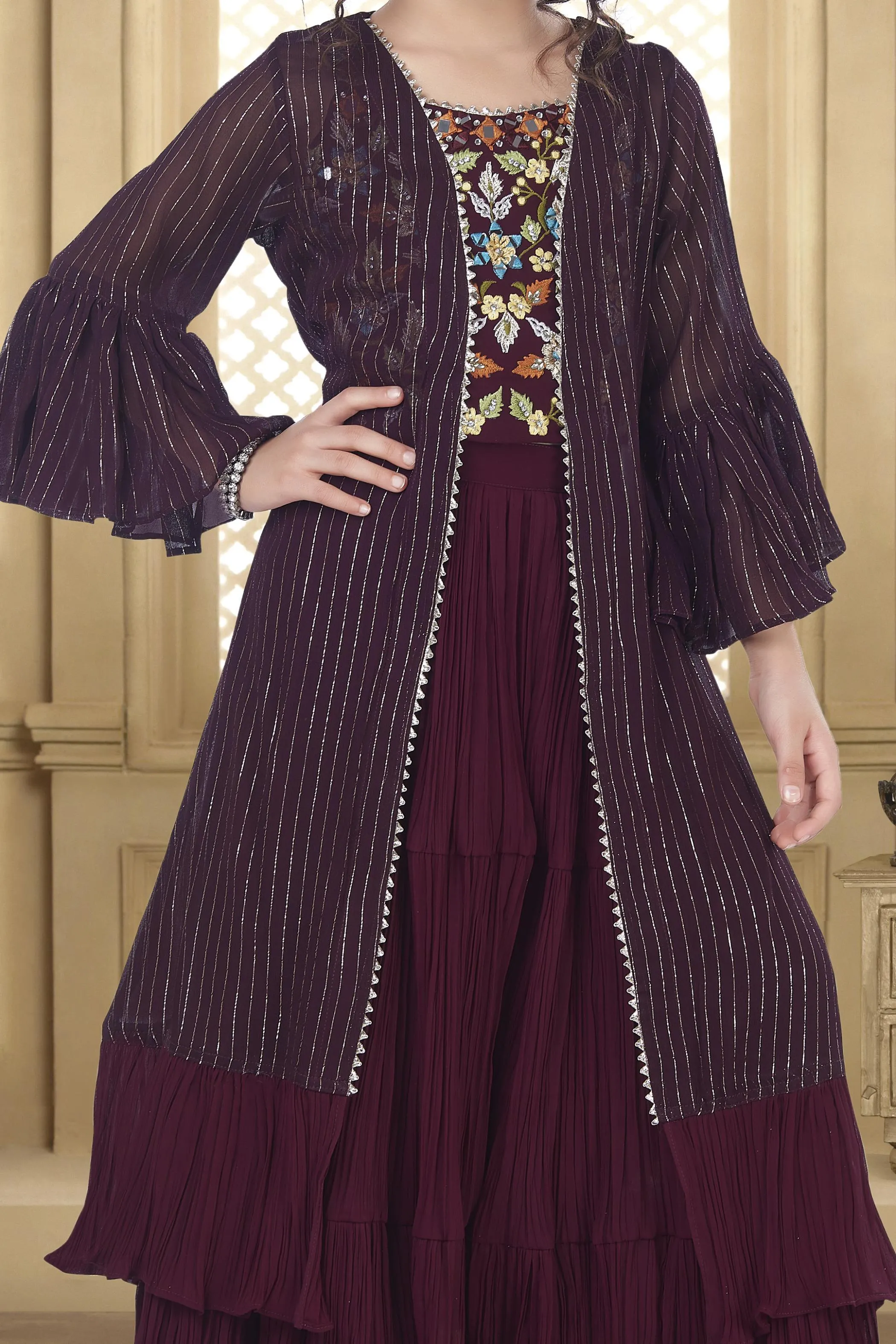 Wine Mirror, Stone, Thread and Zari work Overcoat Styled Sharara Set For Girls