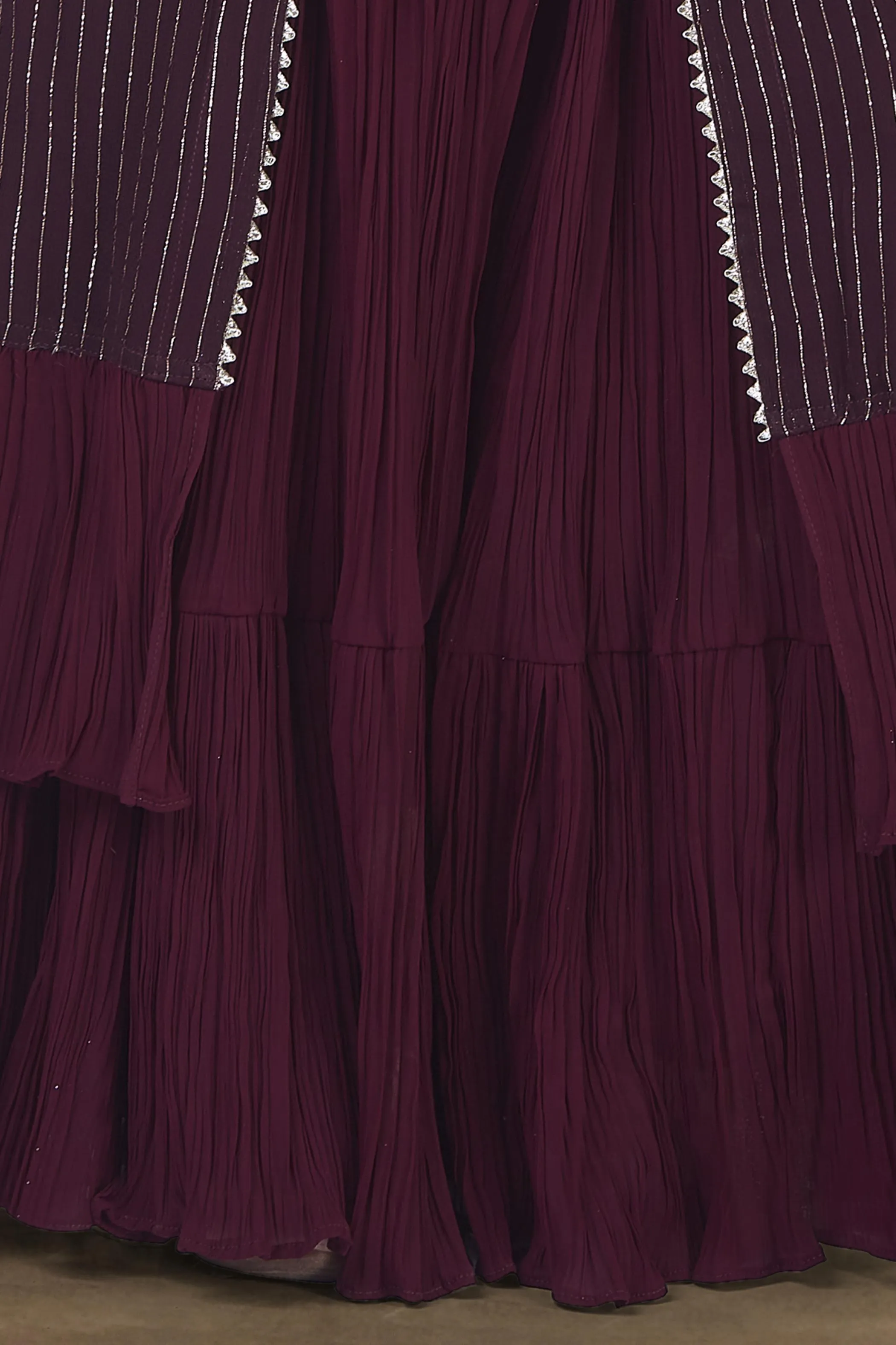 Wine Mirror, Stone, Thread and Zari work Overcoat Styled Sharara Set For Girls