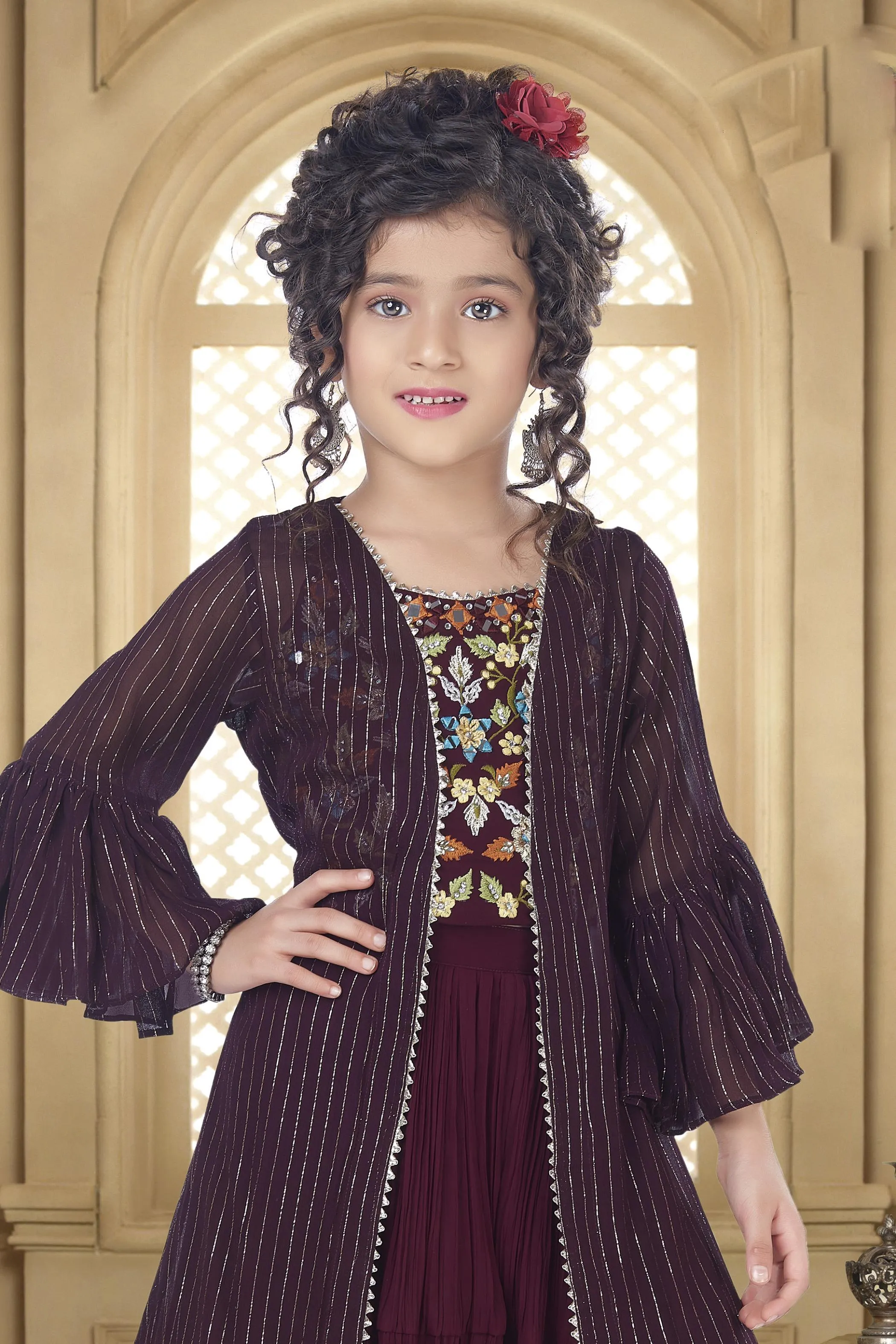 Wine Mirror, Stone, Thread and Zari work Overcoat Styled Sharara Set For Girls