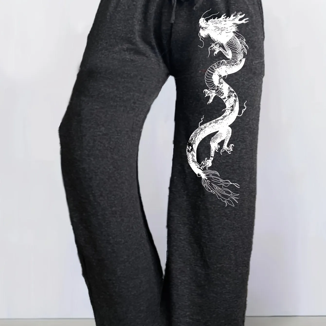 Women's Dragon Print Casual Joggers - Comfy Stretch Drawstring Sweatpants, Loose Fit, Soft Polyester Blend, Perfect for Spring & Fall